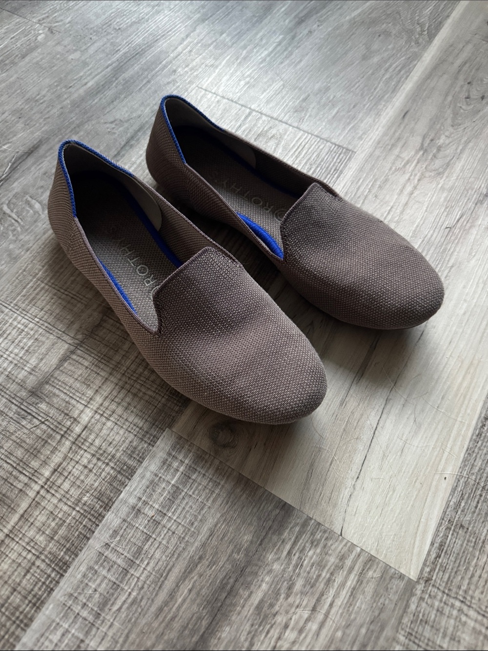 Rothy's Women's taupe Knit Loafers with Blue Trim